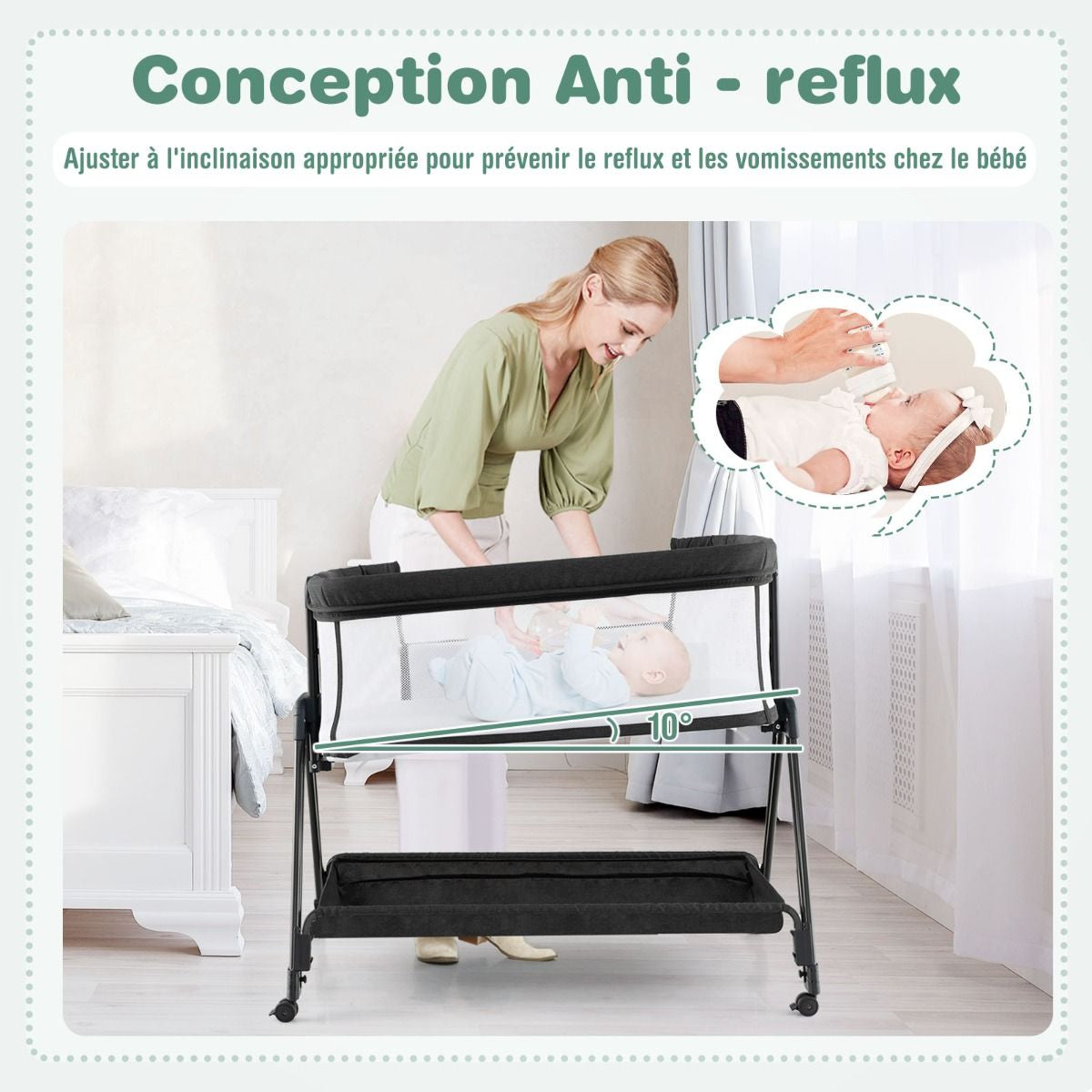 Lit De Chevet Pour Bébé Berceau Lit Pliant Portable Berceau Réglable Avec Rangement Gris/Noir