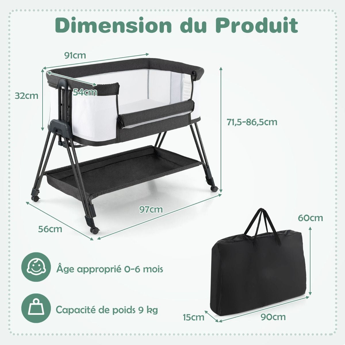 Lit De Chevet Pour Bébé Berceau Lit Pliant Portable Berceau Réglable Avec Rangement Gris/Noir