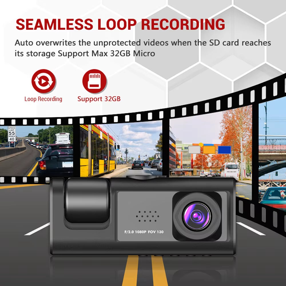 Dash Cam W/ IR Night Vision Loop Recording & 2" IPS Screen 1080P 3 Camera ， DVR Recorder, Video Recorder, Vehicle DVR