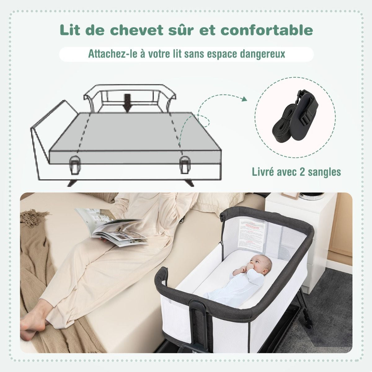 Lit De Chevet Pour Bébé Berceau Lit Pliant Portable Berceau Réglable Avec Rangement Gris/Noir