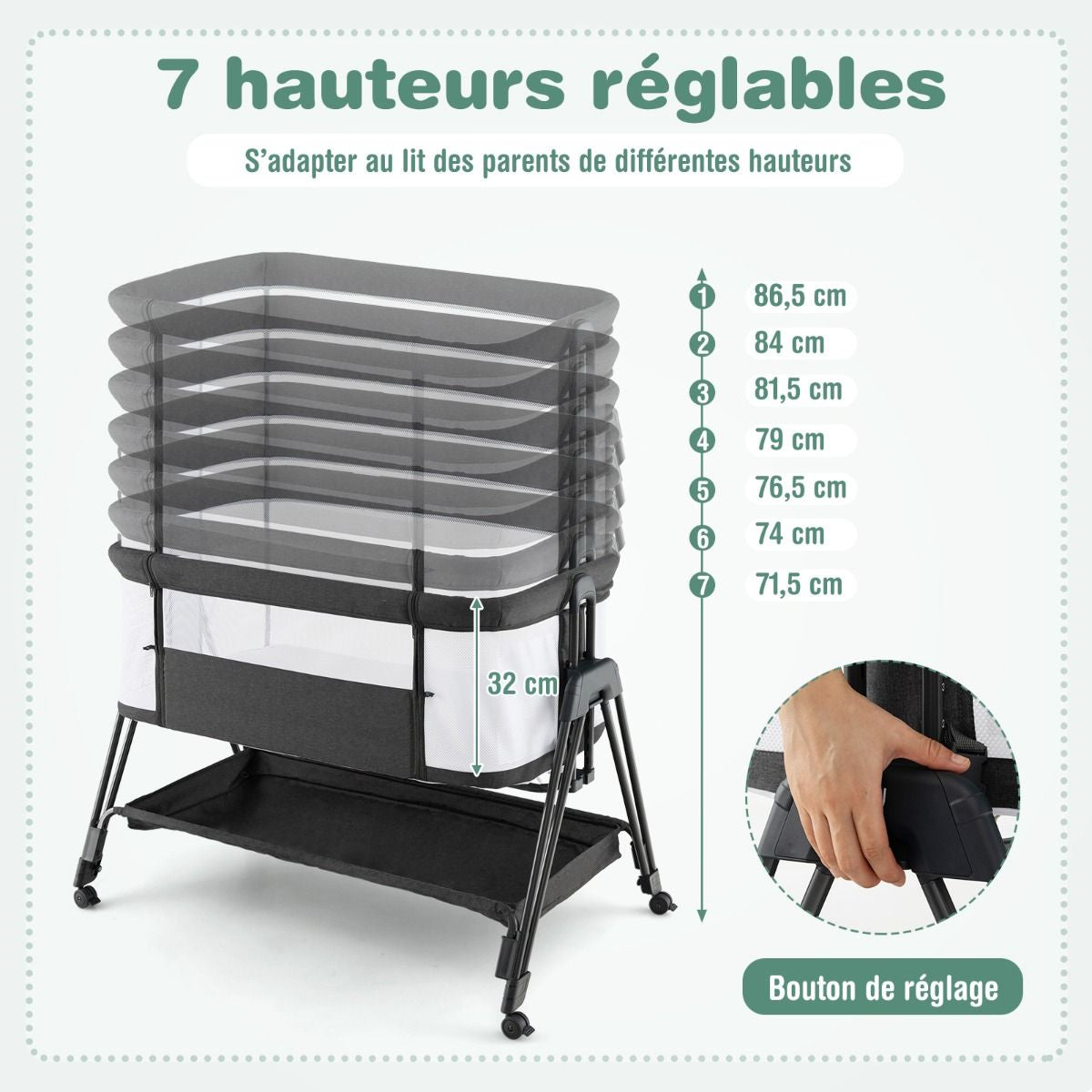 Lit De Chevet Pour Bébé Berceau Lit Pliant Portable Berceau Réglable Avec Rangement Gris/Noir