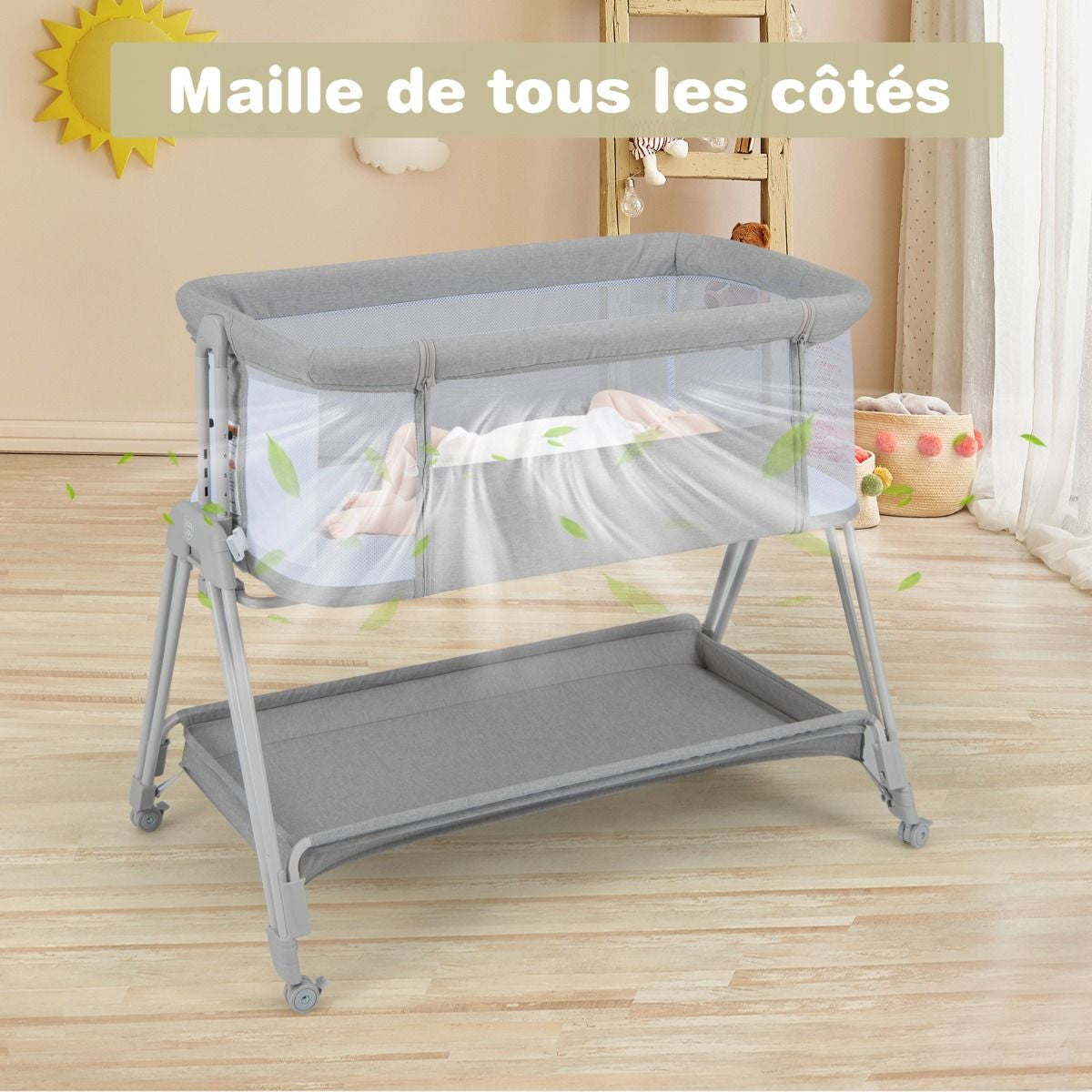Lit De Chevet Pour Bébé Berceau Lit Pliant Portable Berceau Réglable Avec Rangement Gris/Noir