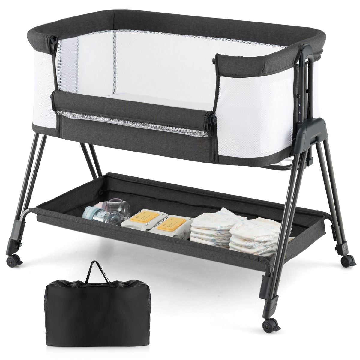 Lit De Chevet Pour Bébé Berceau Lit Pliant Portable Berceau Réglable Avec Rangement Gris/Noir