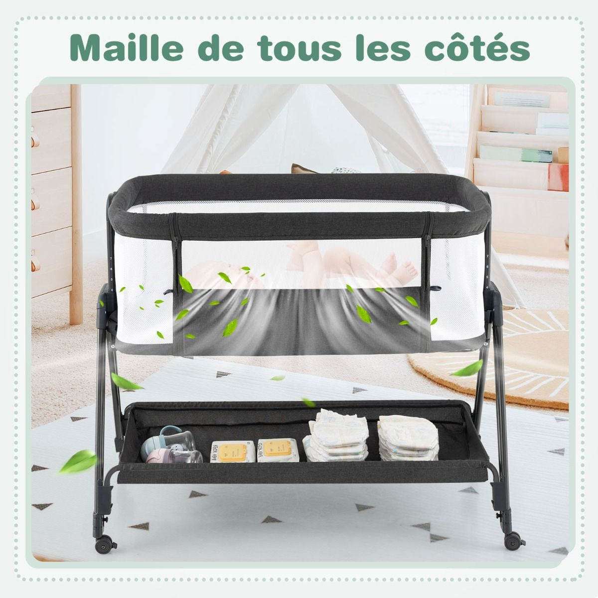Lit De Chevet Pour Bébé Berceau Lit Pliant Portable Berceau Réglable Avec Rangement Gris/Noir