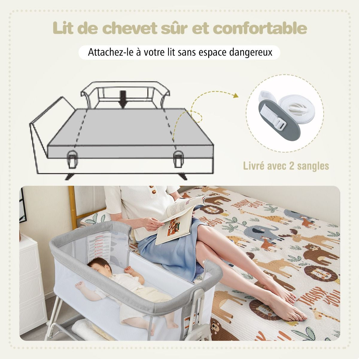 Lit De Chevet Pour Bébé Berceau Lit Pliant Portable Berceau Réglable Avec Rangement Gris/Noir