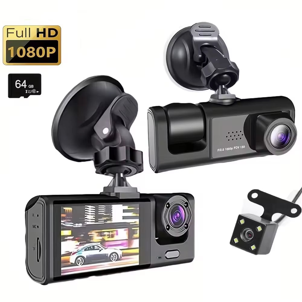 Dash Cam W/ IR Night Vision Loop Recording & 2" IPS Screen 1080P 3 Camera ， DVR Recorder, Video Recorder, Vehicle DVR