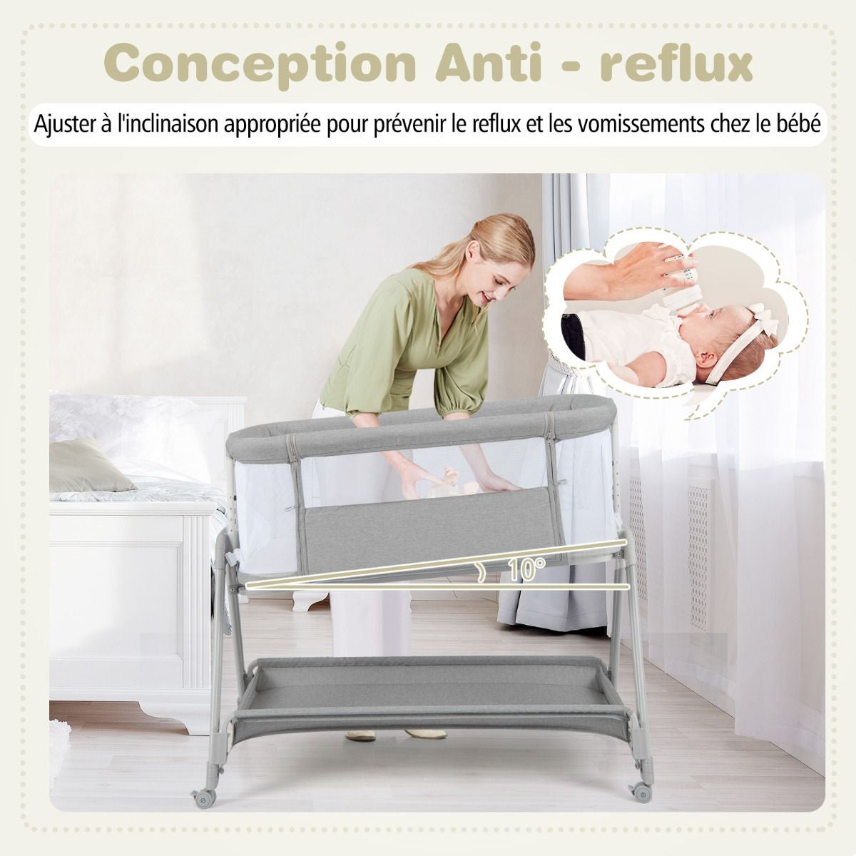 Lit De Chevet Pour Bébé Berceau Lit Pliant Portable Berceau Réglable Avec Rangement Gris/Noir