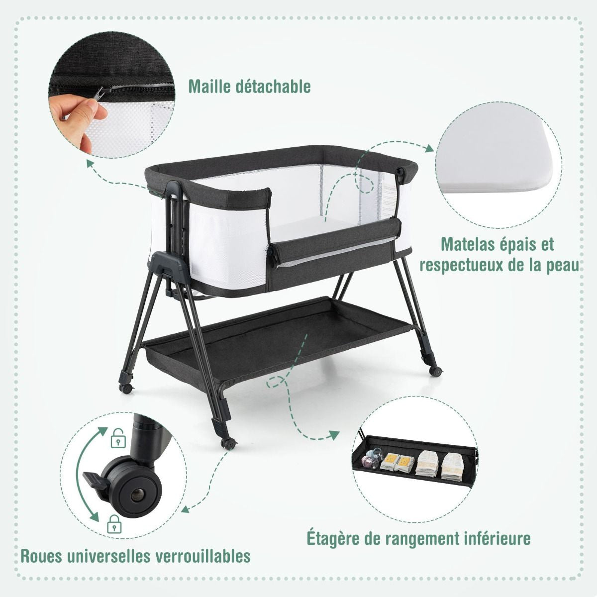 Lit De Chevet Pour Bébé Berceau Lit Pliant Portable Berceau Réglable Avec Rangement Gris/Noir