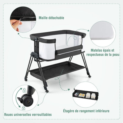 Lit De Chevet Pour Bébé Berceau Lit Pliant Portable Berceau Réglable Avec Rangement Gris/Noir