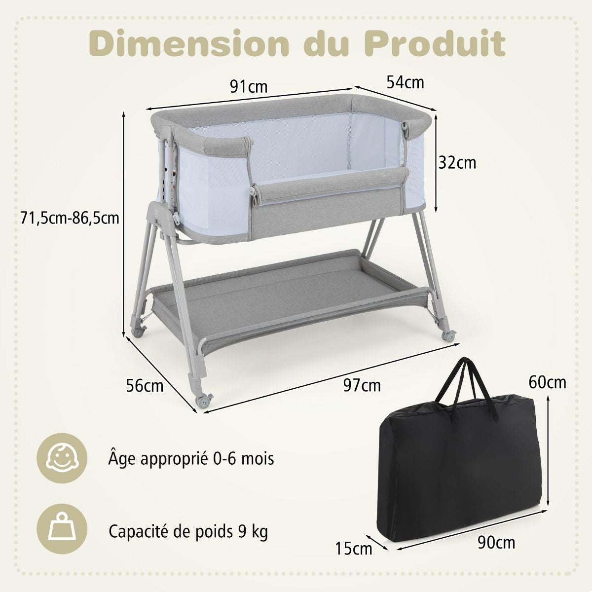 Lit De Chevet Pour Bébé Berceau Lit Pliant Portable Berceau Réglable Avec Rangement Gris/Noir